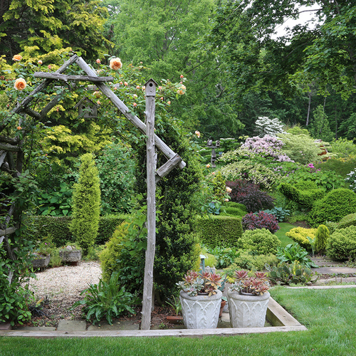 Fred Bland Garden mit rustikaler Arborb -Abdeckung mit gelben Kletterrosen